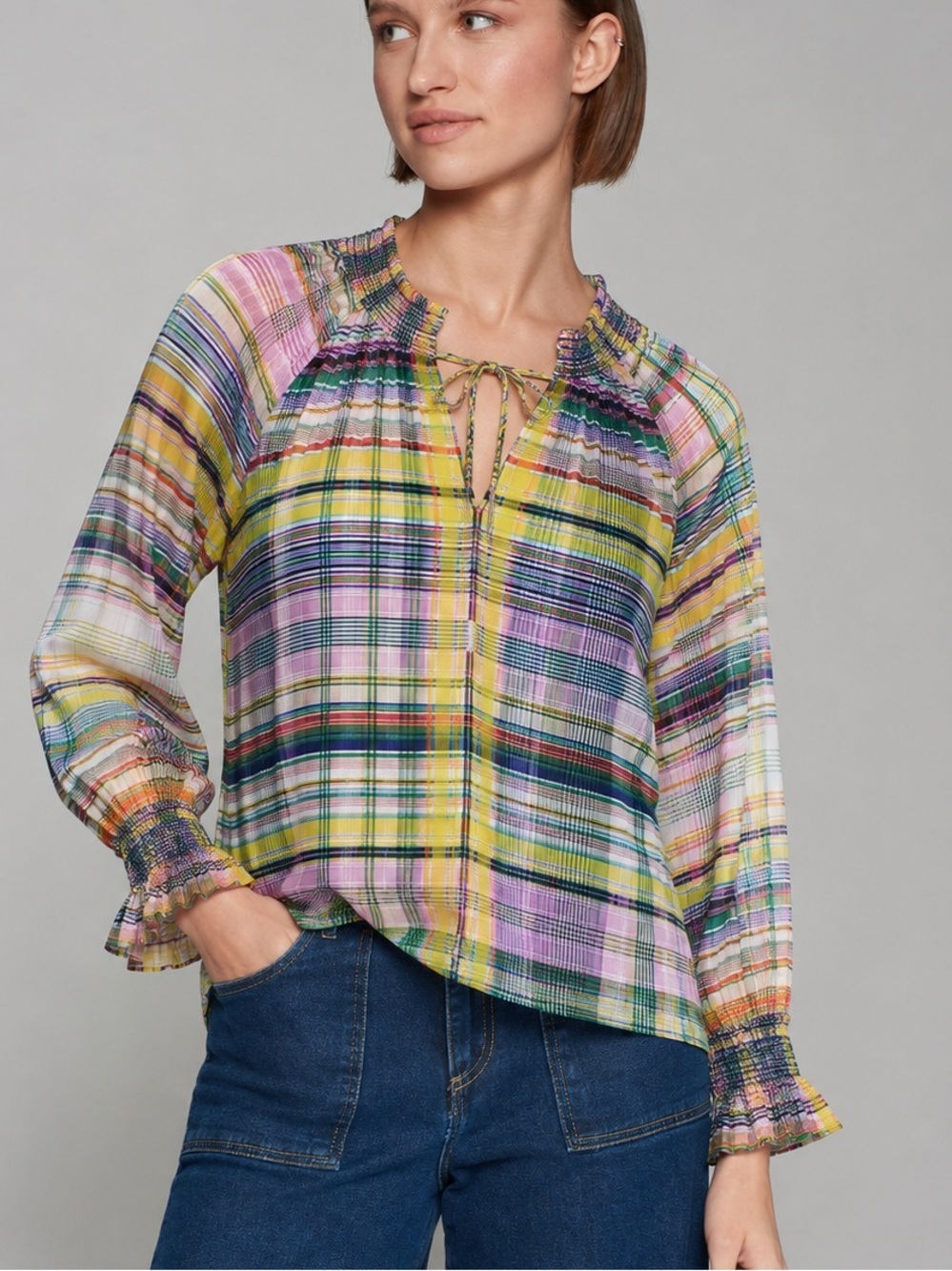 Vilagallo Salama Savile Cotton Voile Vibrant Multicolor Plaid Blouse Top Sz LRG